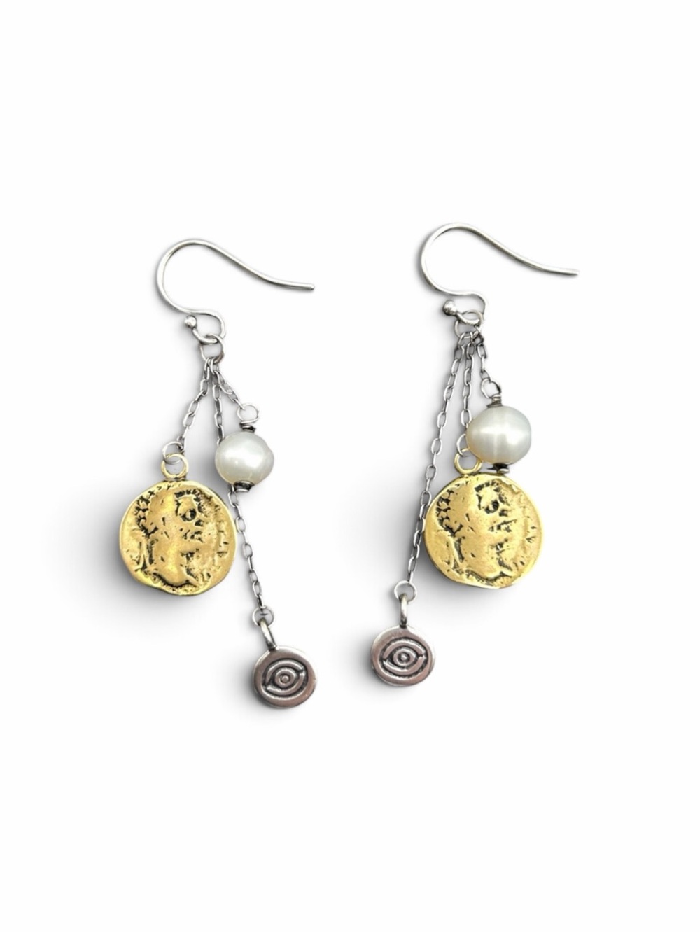 Vintage Silpada Earrings 925 Sterling Silver Brass Disc Pearl Chain Dangle 2”